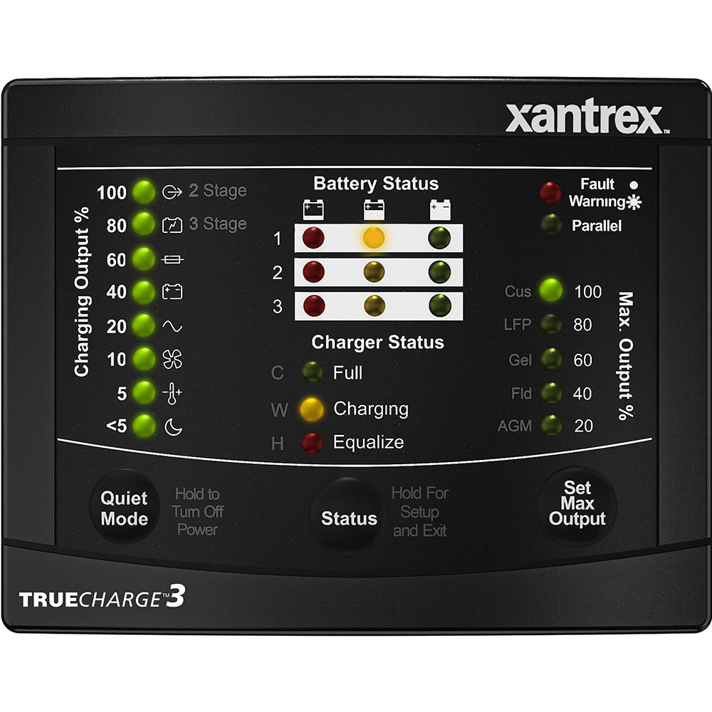 Xantrex TRUEcharge3 remote monitoring panel displaying battery charge status and system readings in a clear digital interface.