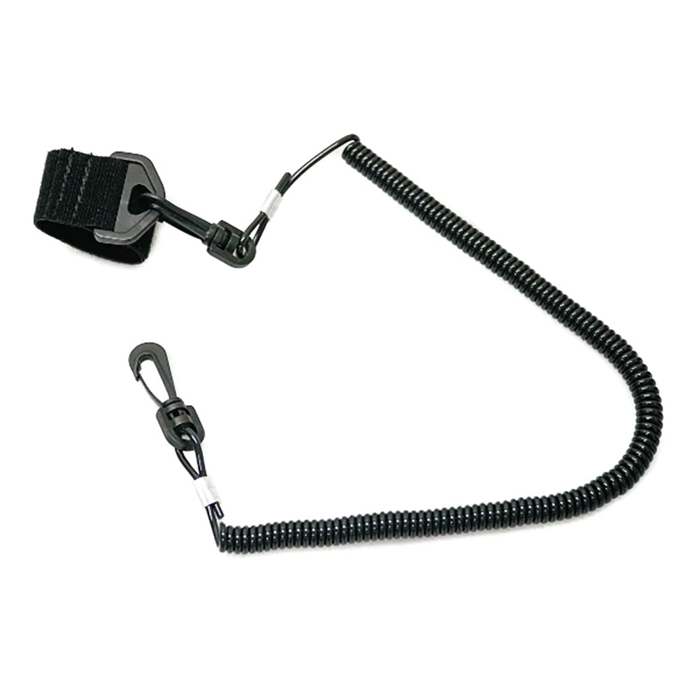 Coiled YakGear fishing rod leash accessory for secure rod handling and safety during fishing trips.