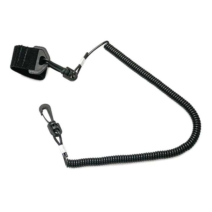Coiled YakGear fishing rod leash accessory for secure rod handling and safety during fishing trips.
