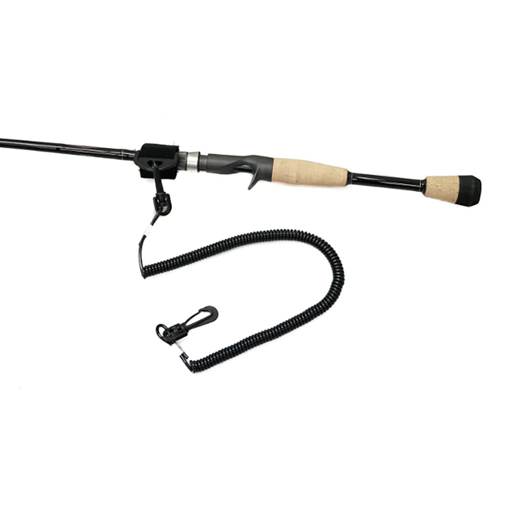 Coiled YakGear fishing rod leash accessory attached to a fishing rod, designed to prevent loss during fishing trips