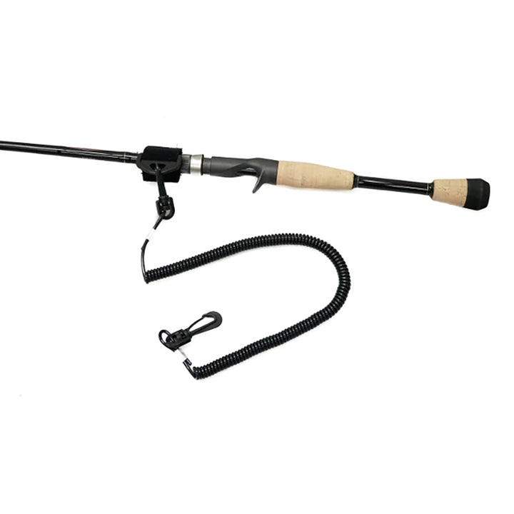 Coiled YakGear fishing rod leash accessory attached to a fishing rod, designed to prevent loss during fishing trips