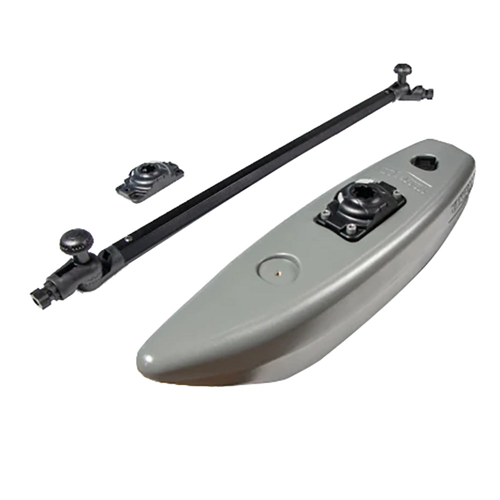 YakGear StandnCast kayak and canoe outriggers accessory, mounted on a boat for stability and added support during paddling.