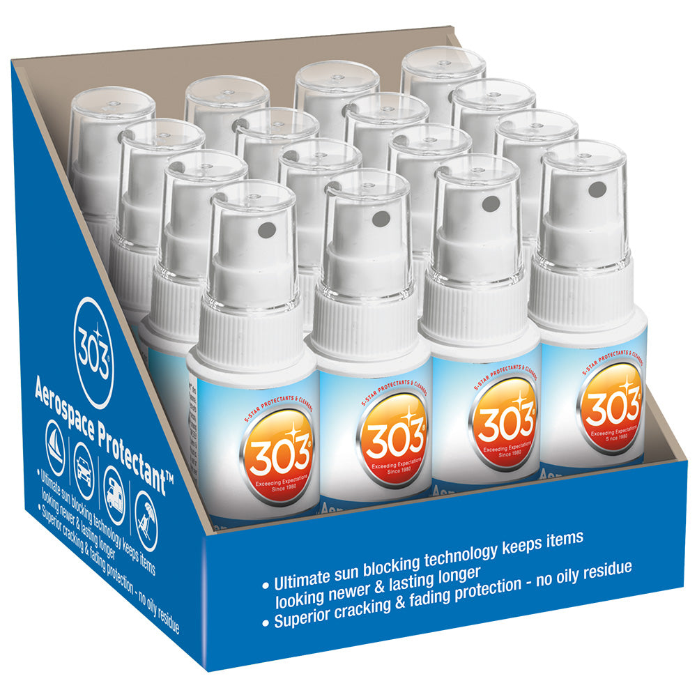 Two-ounce bottles of 303 Aerospace Protectant in a case of 16, ideal for cleaning and protecting outdoor and automotive surfaces.