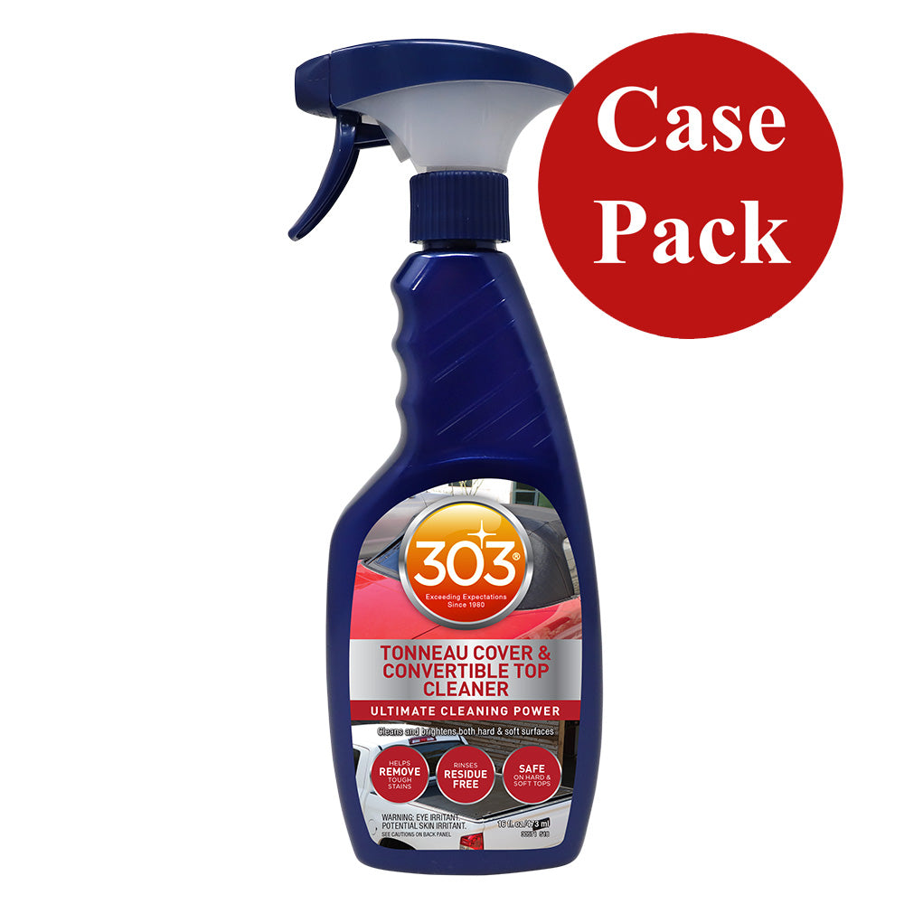 303 Automobile Tonneau Cover and Convertible Top Cleaner 16oz, shown in a case of 6 bottles, for cleaning car covers and tops.