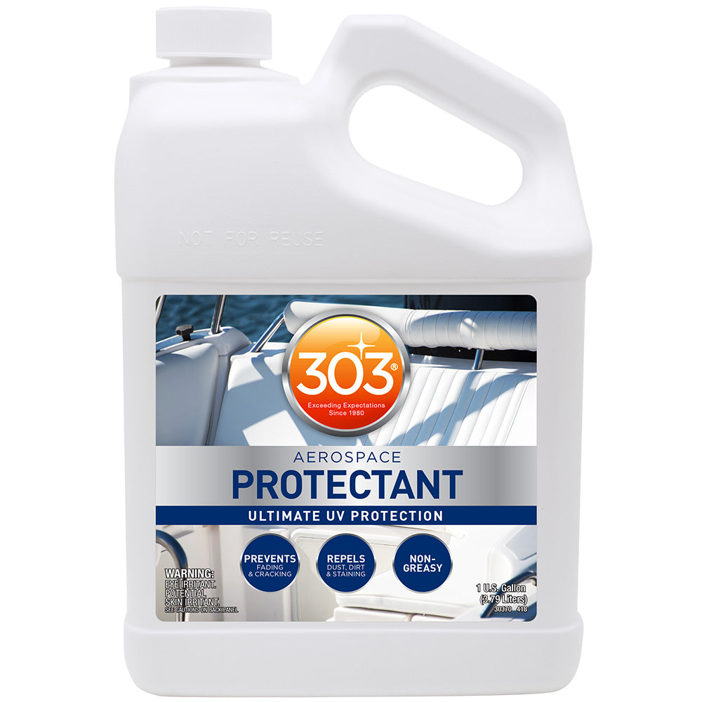 303 Marine Aerospace Protectant gallon, cleaning product for marine and aerospace surfaces, in a white container with blue label.
