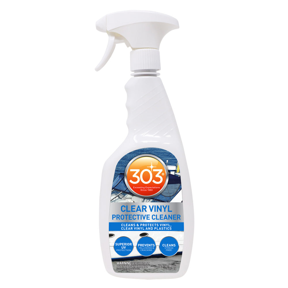 303 Marine Clear Vinyl Protective Cleaner in 32oz bottle, designed for cleaning and protecting marine vinyl surfaces.
