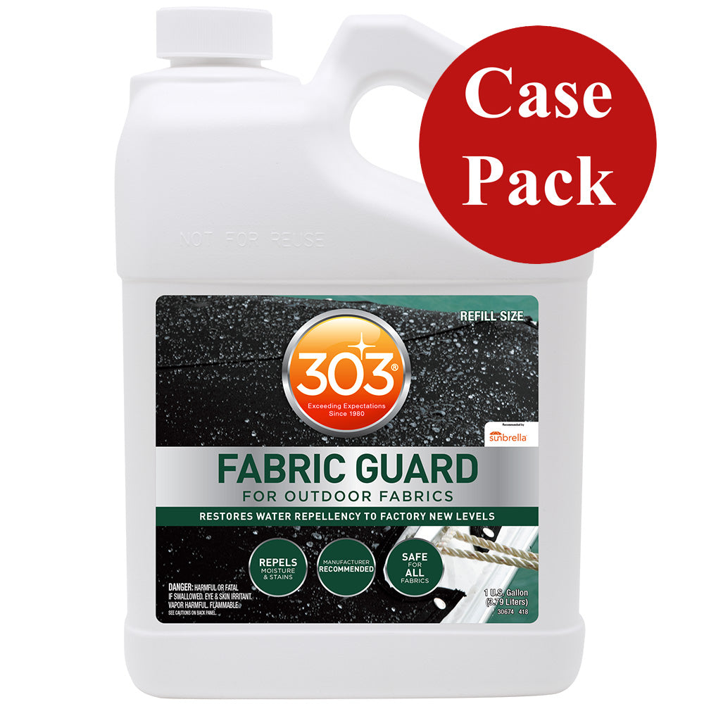 Four gallons of 303 Marine Fabric Guard, a cleaning and waterproofing treatment for marine fabrics and upholstery.