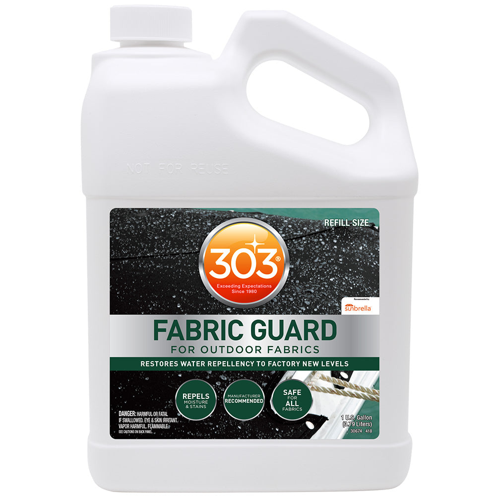 303 Marine Fabric Guard 1-Gallon cleaning product for protecting and waterproofing marine fabrics and upholstery.