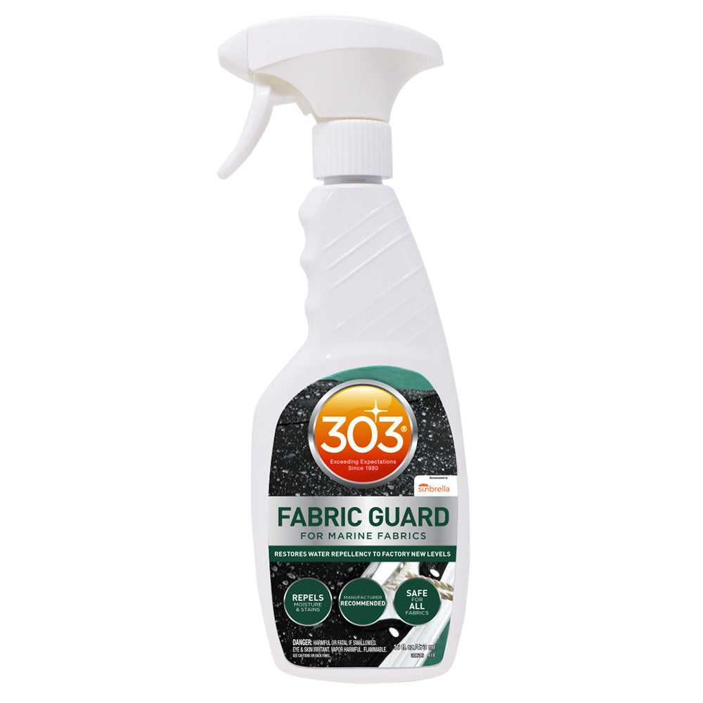 303 Marine Fabric Guard 16oz bottle for cleaning and protecting boat upholstery and marine fabrics.