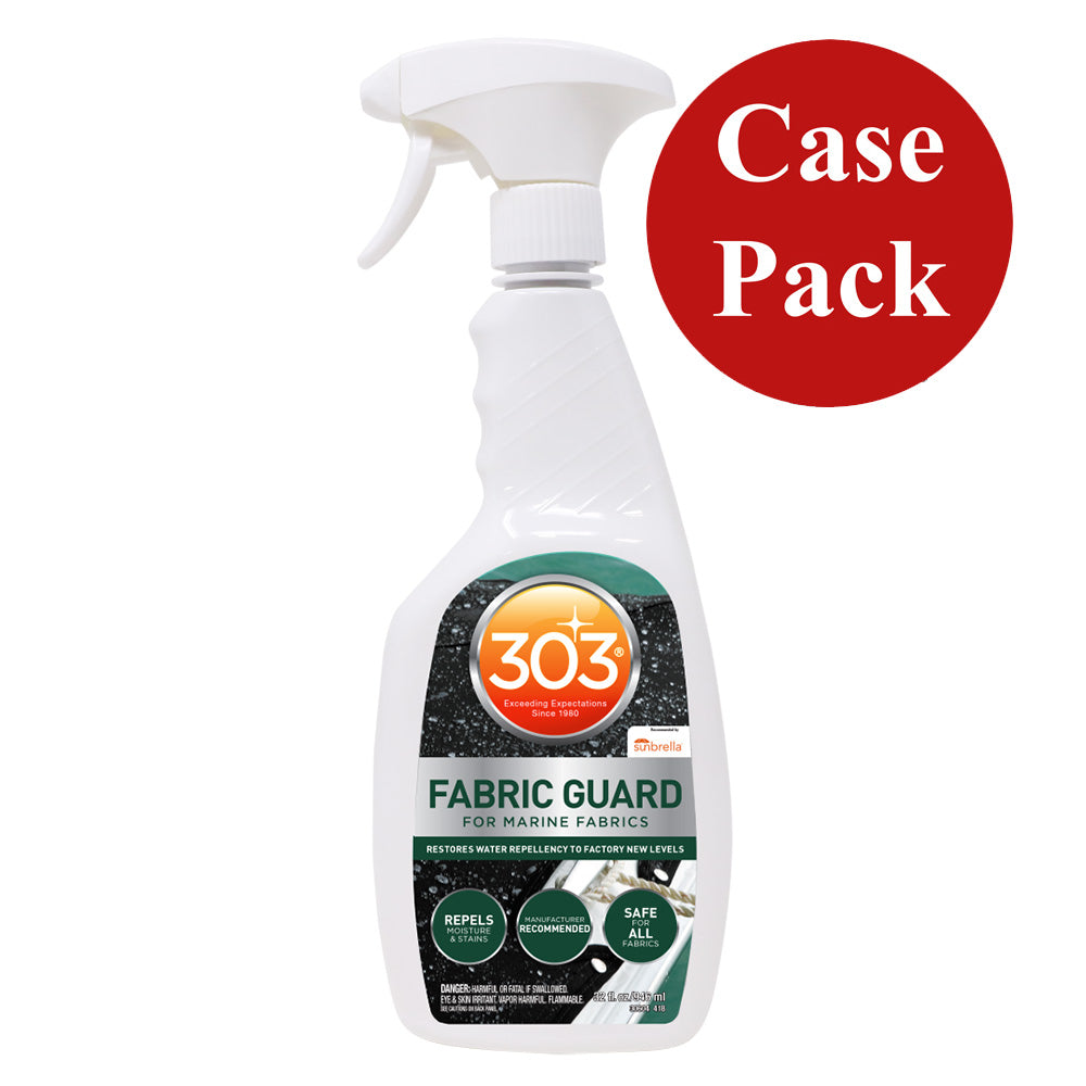 Six 32oz bottles of 303 Marine Fabric Guard, a cleaning and waterproofing solution for marine fabrics by 303.