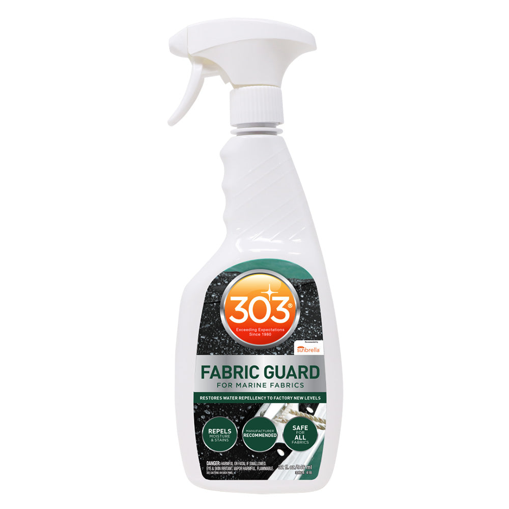 303 Marine Fabric Guard 32oz bottle for cleaning and protecting marine fabric surfaces from stains and water damage.