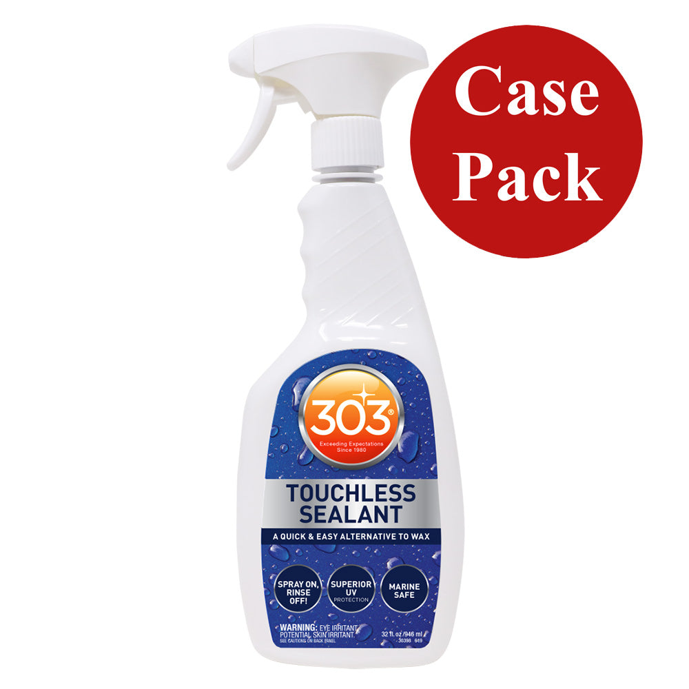 Six 32oz bottles of 303 Marine Touchless Sealant, a cleaning product for marine surfaces, with white bottles and blue caps.