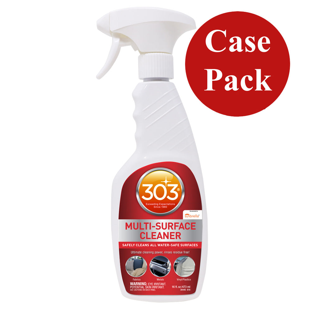 303 Multi-Surface Cleaner in 16oz bottles, stacked in a case of six, ideal for versatile cleaning of various surfaces.