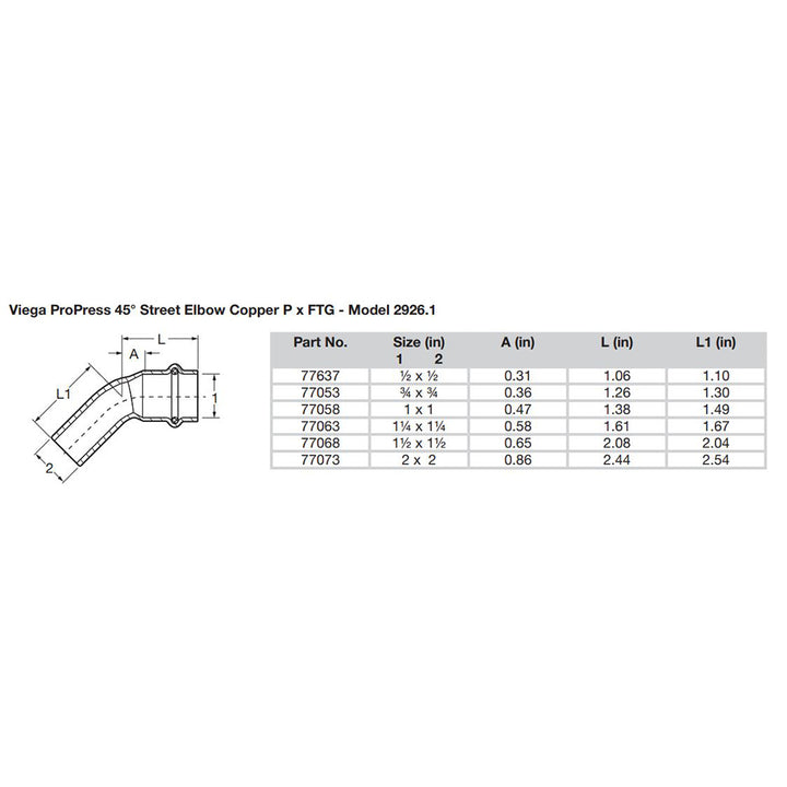 Viega ProPress 1-1/4" - 45 Copper Elbow - Street/Press Connection - Smart Connect Technology