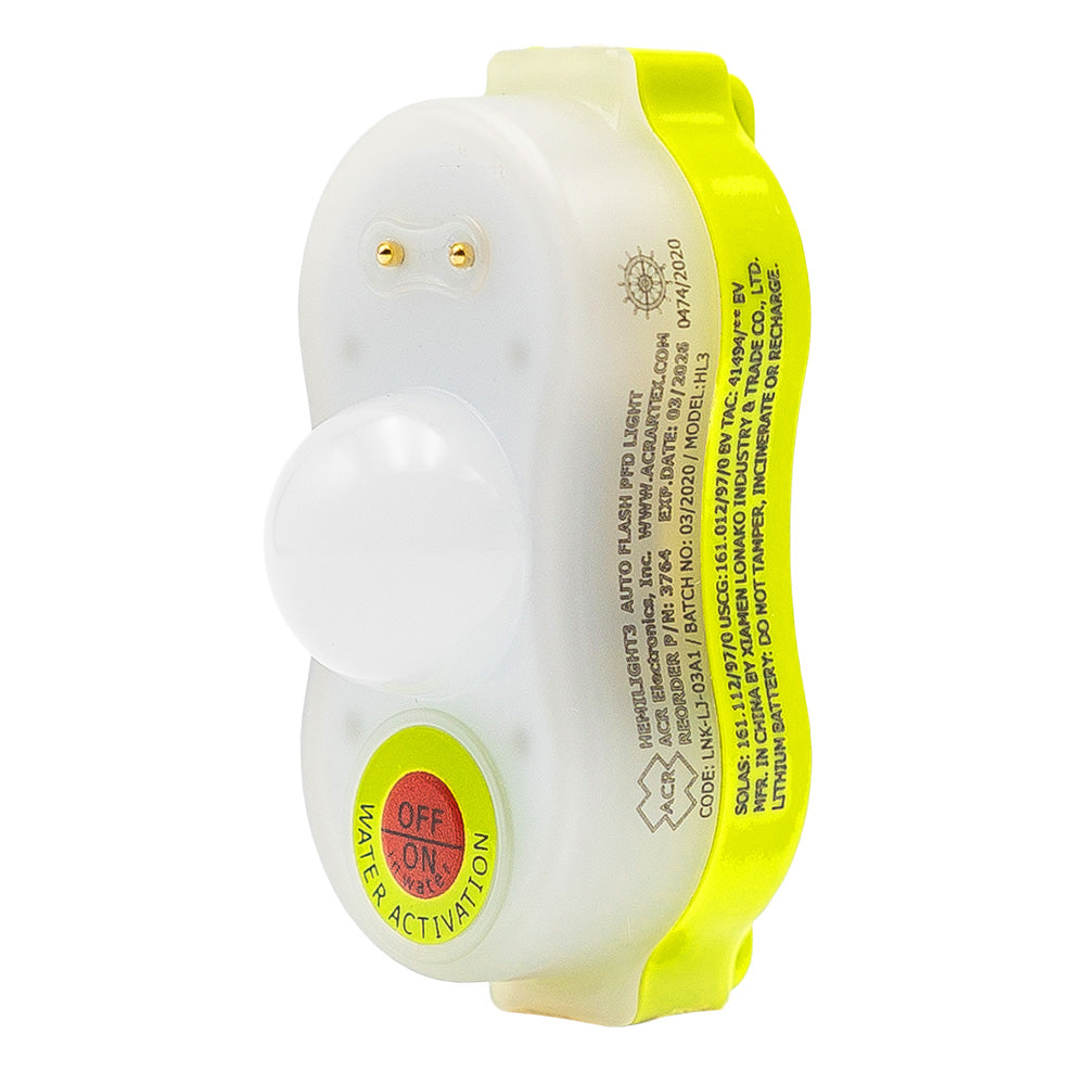 ACR HemiLight 3 automatic survivor locator safety light with bright LED illumination for rescue and safety visibility.