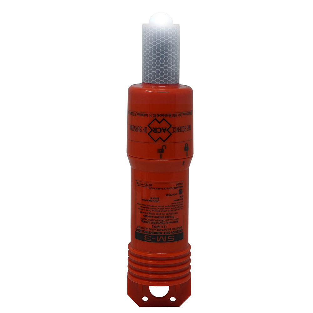 ACR SM-3 SOLAS Lifebuoy Marker Light attached to a lifebuoy, designed for marine safety and emergency signaling.