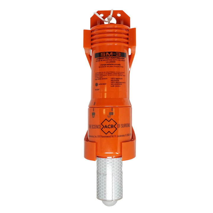 ACR Electronics ACR SM-3 SOLAS Lifebuoy Marker Light mounted on a lifebuoy for safety at sea