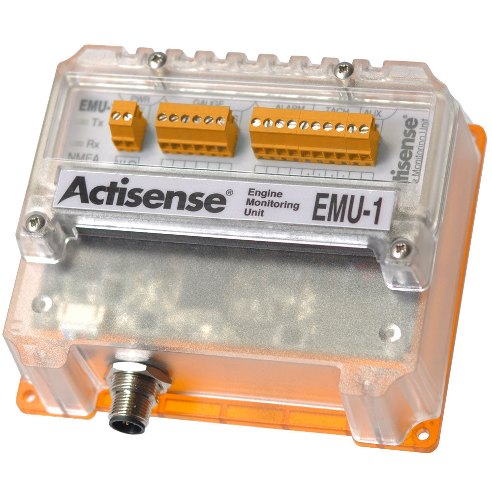Actisense NMEA 2000 engine monitoring unit connecting analog sensors to NMEA 2000 network for marine engine data.