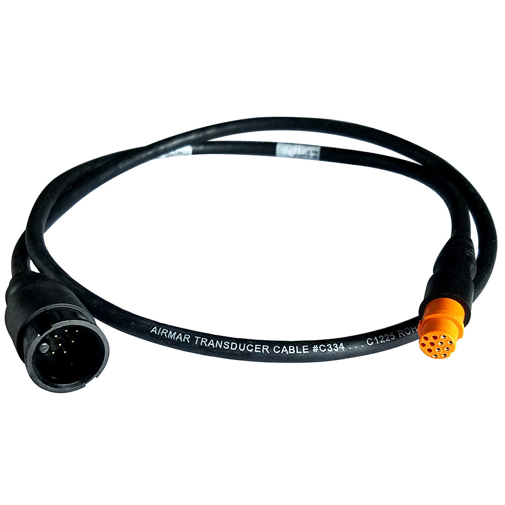 Airmar Garmin 12-pin mix-match transducer cable for Chirp transducers, showing the cable with connectors and branding.
