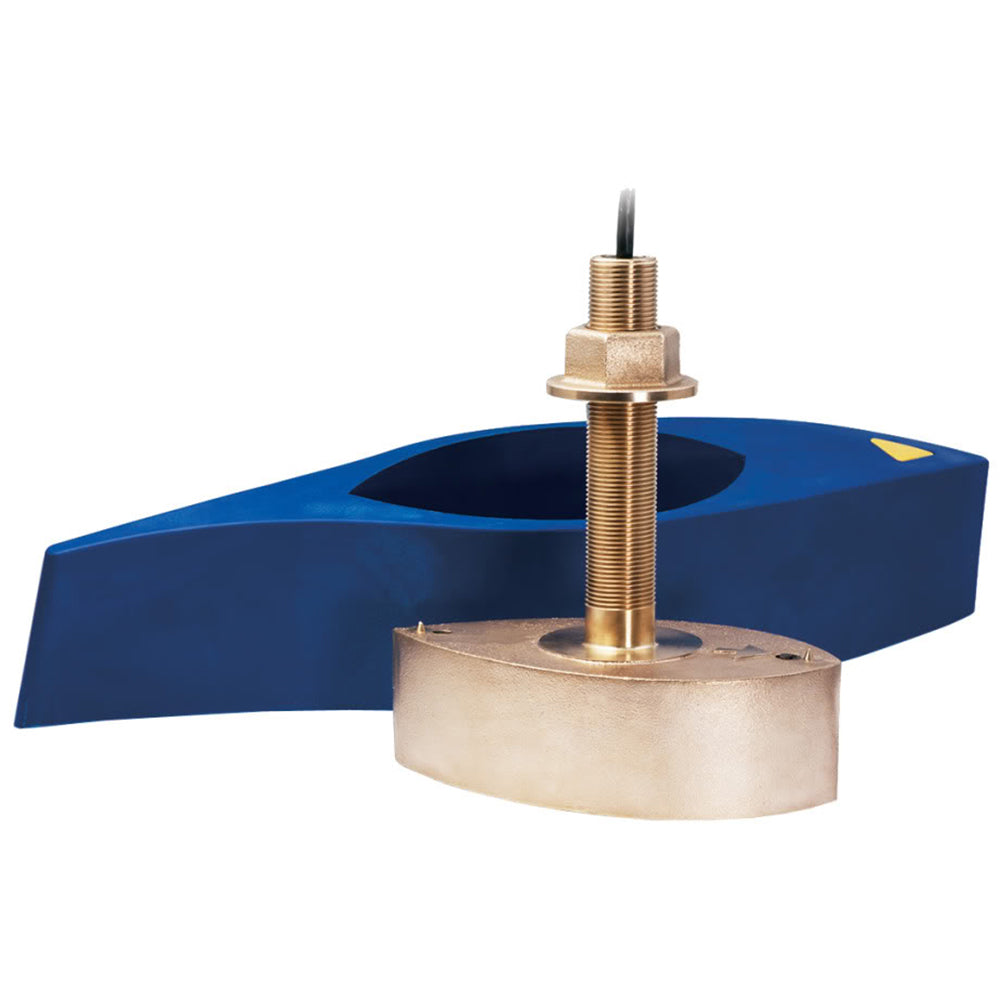 Airmar B275C-LHW bronze thru-hull transducer for boats, showing low, high, and wide frequency options with attached cable.