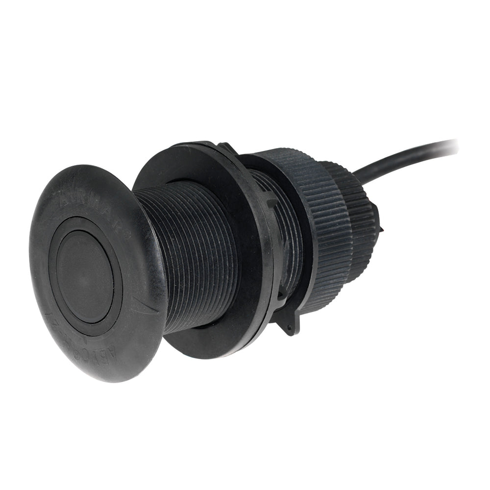 Airmar DT800 NMEA 2000 Thru-Hull Tilted Element Smart Sensor transducer mounted on a boat hull for marine depth and speed data