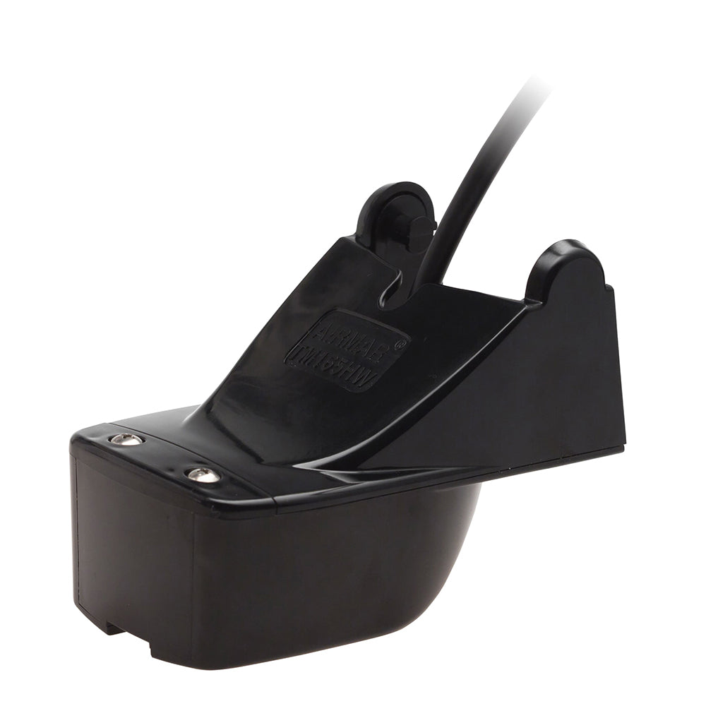 Airmar TM165HW Chirp High Wide 600W transom mount transducer with adapter cable, showing the transducer unit ready for installation.