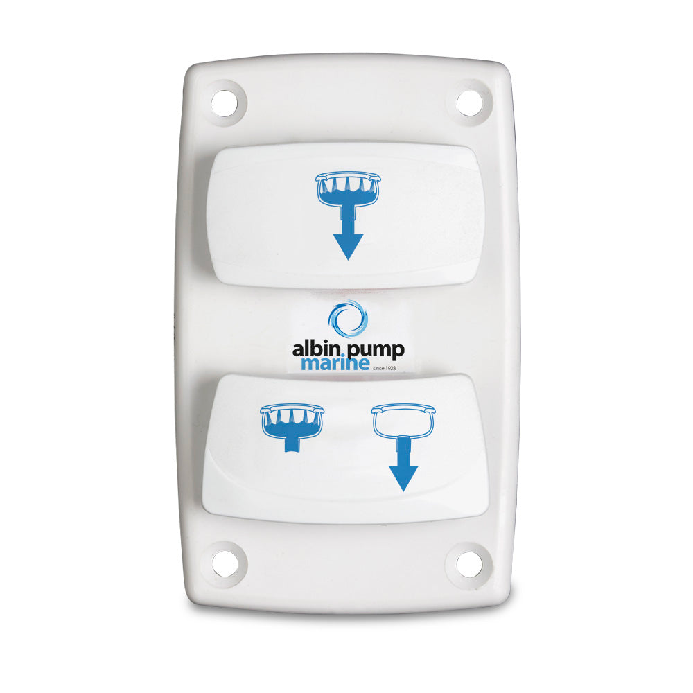 Albin Group marine control silent electric toilet rocker switch, accessory for boat plumbing systems, with black rocker button and mounting hardware.