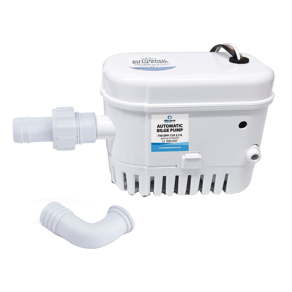 Albin Group automatic bilge pump 750 GPH 12V for boat bilge drainage, compact and durable marine pump.