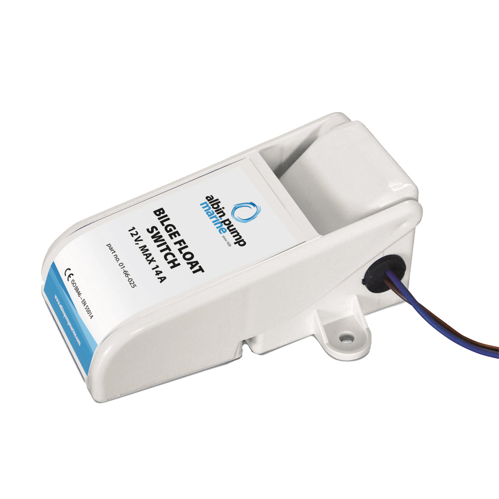 Albin Group Bilge Float Switch for bilge pumps, 12V, 24V, or 30V, with float mechanism for automatic bilge water control.