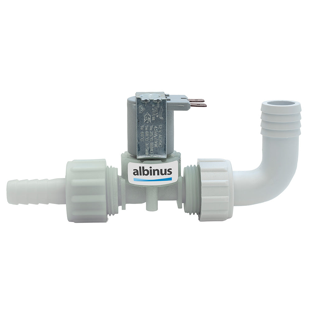 Albin Group 12V solenoid valve for fittings, showing the compact metal body with electrical connector and valve port openings.