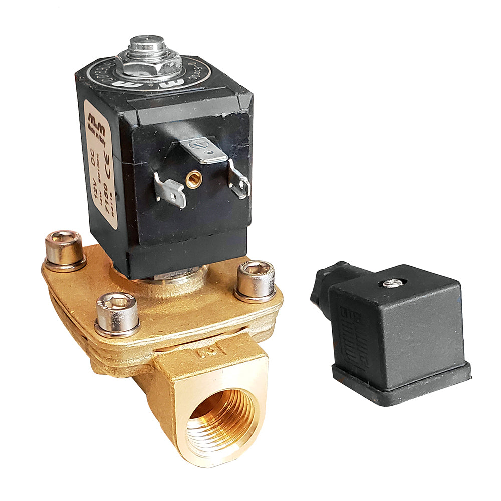 Albin Group 12V solenoid valve for fittings, showing metallic body and electrical connector for fluid control applications.