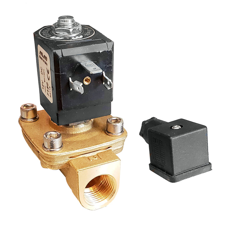 Albin Group 12V solenoid valve for fittings, showing metallic body and electrical connector for fluid control applications.