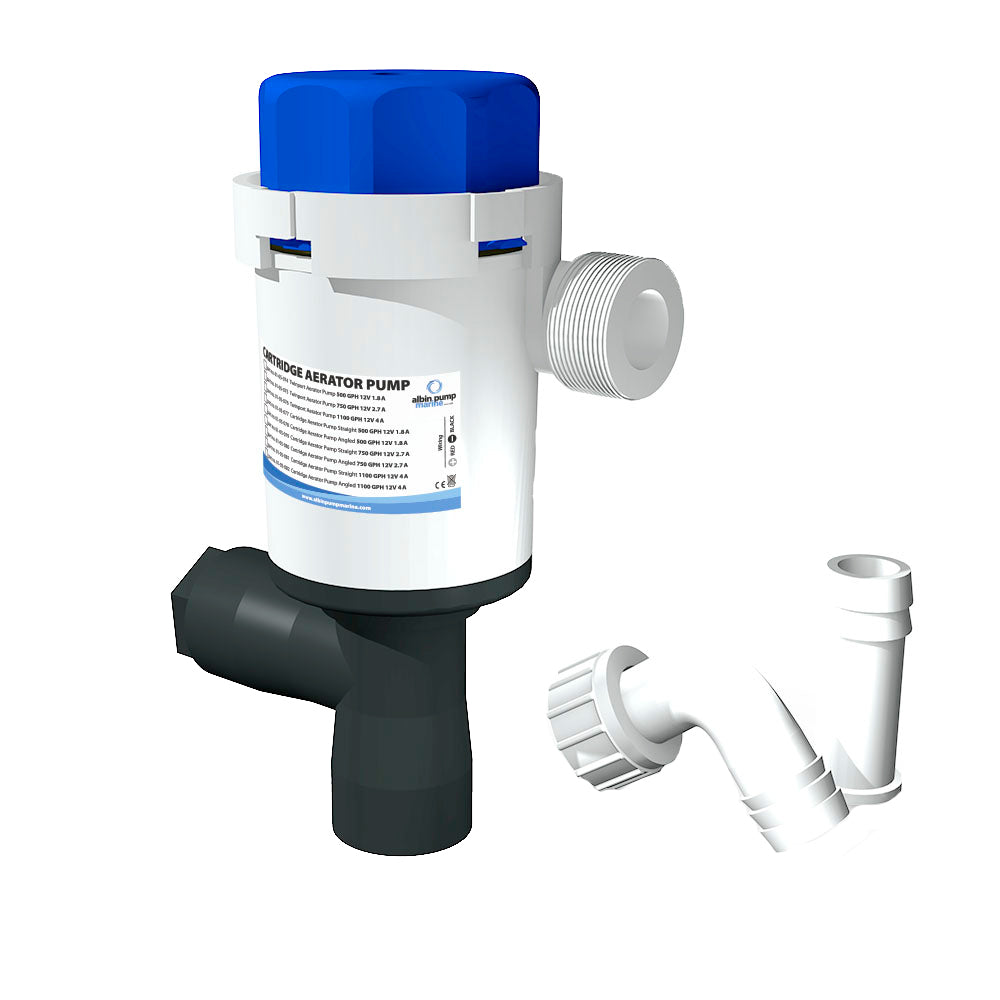 Albin Group Twinport Aerator Pump 500 GPH 12V for livewell, compact marine pump with dual ports and durable design.