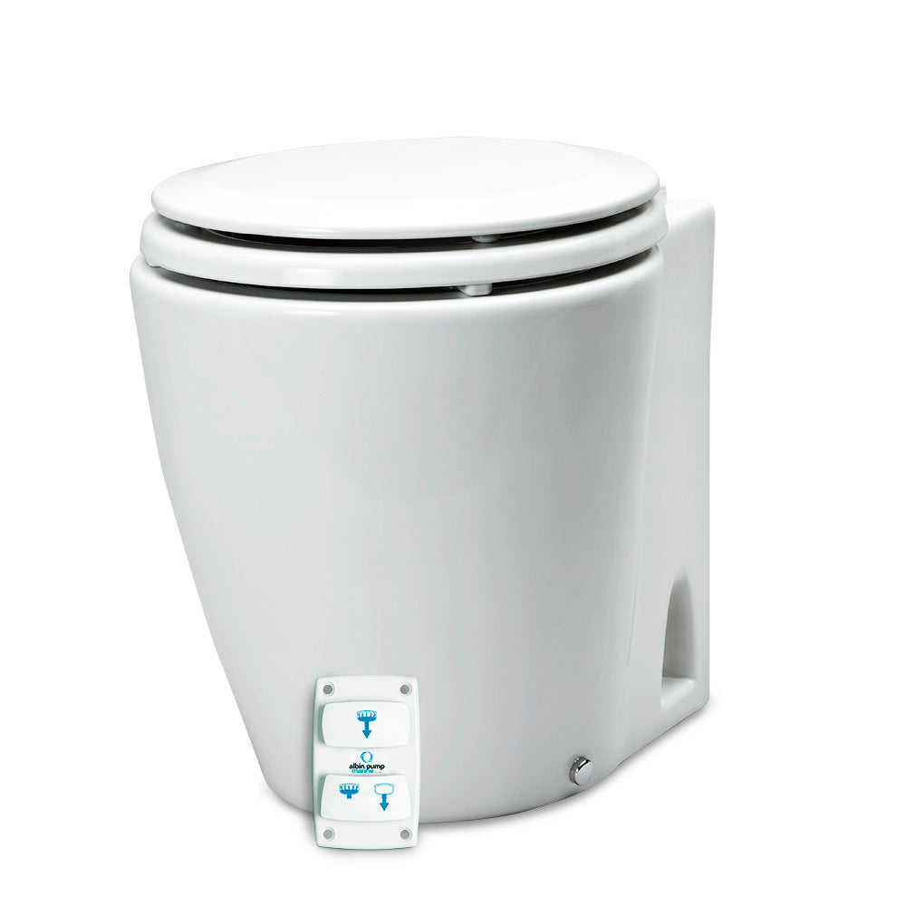 Albin Group Marine Design silent electric 12V marine toilet used in boat sanitation systems, with sleek white finish and compact design.
