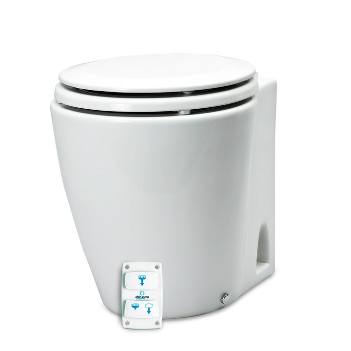 Albin Group Marine Design silent electric 12V marine toilet used in boat sanitation systems, with sleek white finish and compact design.