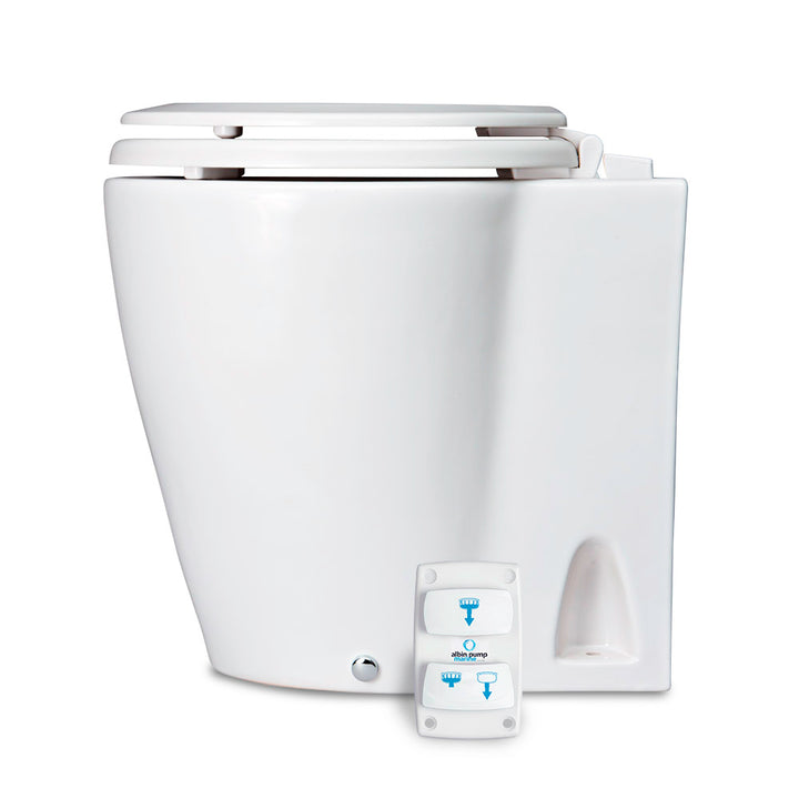 Albin Group Marine Design silent electric 12V marine toilet for sanitation, with a sleek white ceramic bowl and compact design.