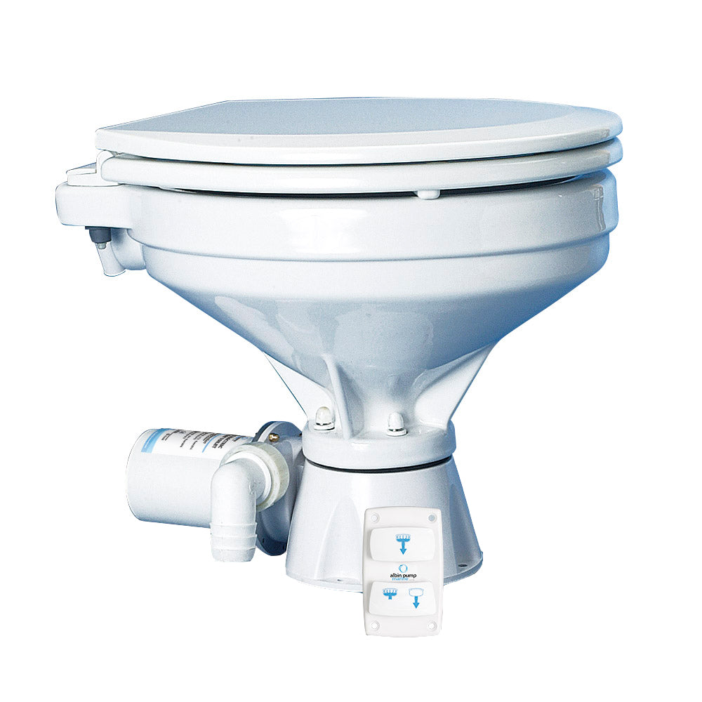 Albin Group Marine Toilet Silent Electric Comfort 12V, marine sanitation system with ergonomic design and electric flushing.
