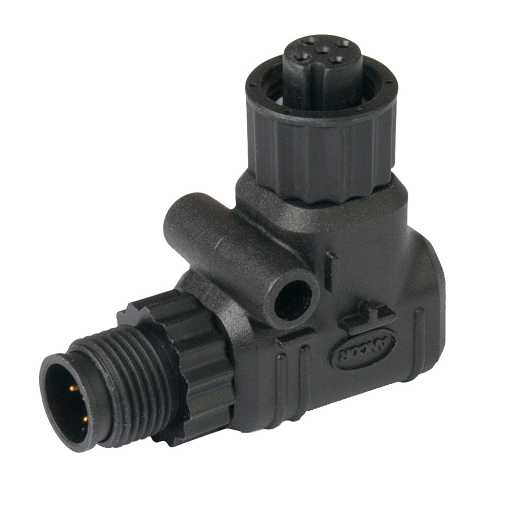 Ancor NMEA 2000 90-degree elbow connector for marine NMEA cables and sensors, black plastic with metal terminals.