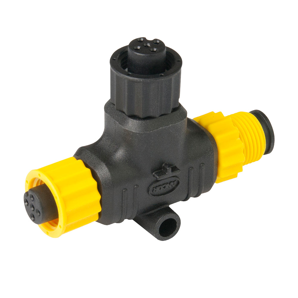 Ancor NMEA 2000 Single Tee Connector for marine electronics, designed for NMEA cables and sensors, in black with metal fittings.