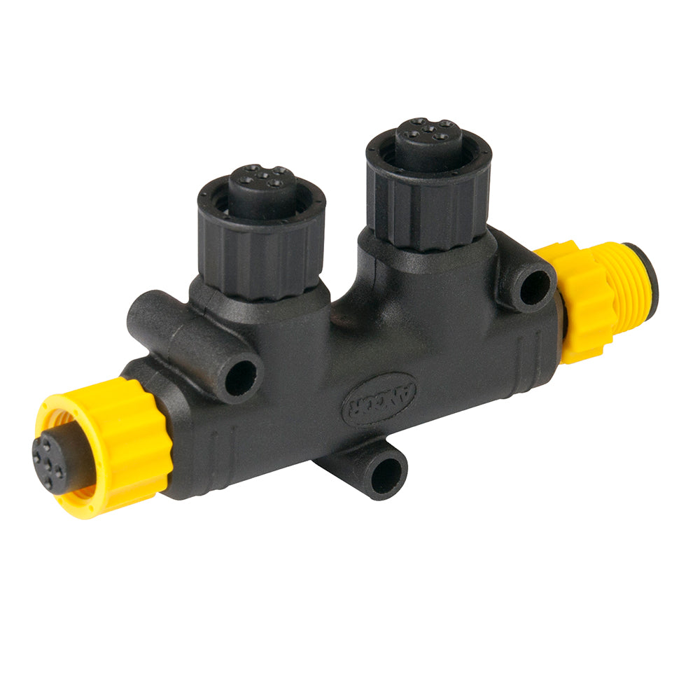Ancor NMEA 2000 Two Way Tee Connector for marine cables and sensors, shown with durable plastic and connection ports.