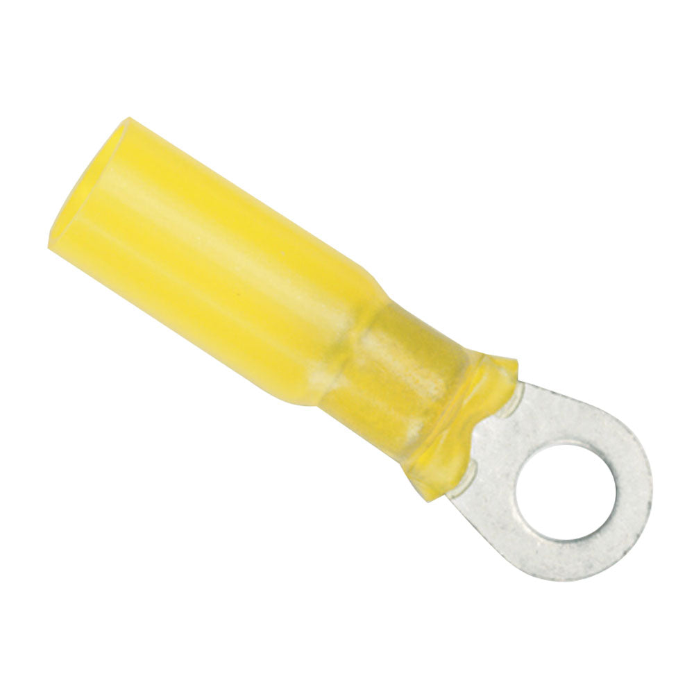 Ancor 12-10 gauge 5/16" heat shrink ring terminals in a 3-pack, showing insulated copper terminals with heat-shrink tubing.