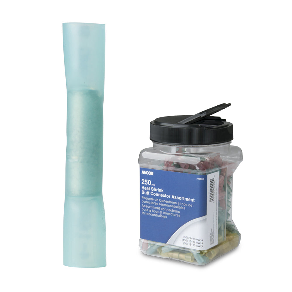 Ancor 16-14 AWG heat shrink butt connectors in a jar, set of 250 electrical terminals for wiring and connections
