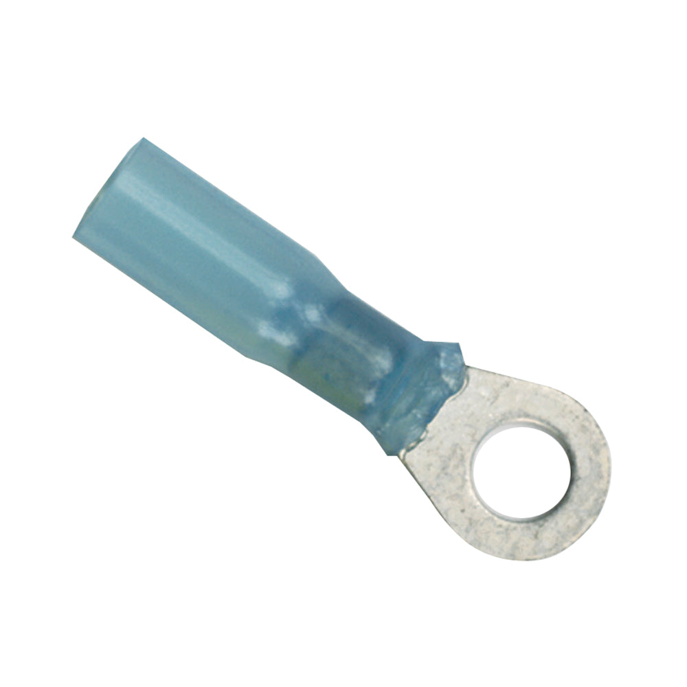 Ancor 16-14 gauge heat shrink ring terminal in 3/8 inch size, shown in a 25-pack with insulated metal ring and heat shrink tubing