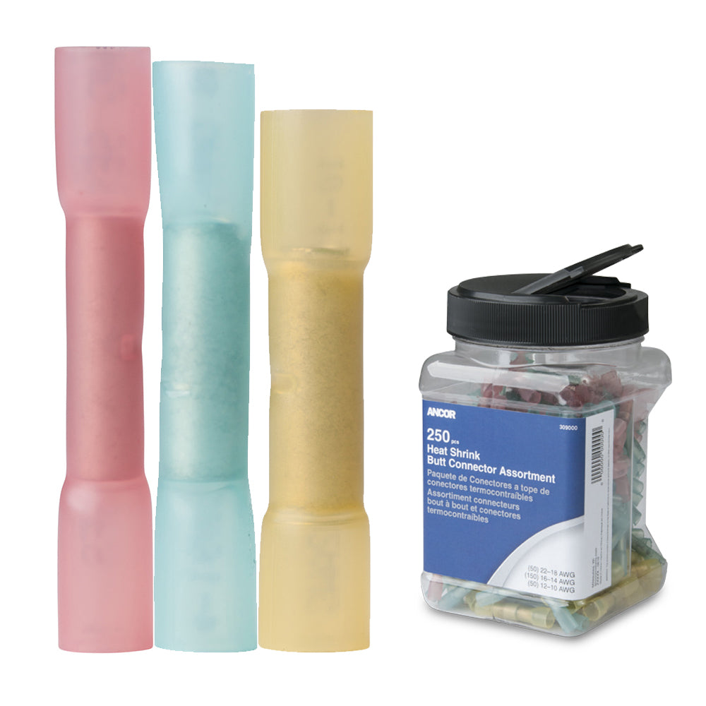 Ancor heat shrink butt connector terminals multi-pack, 250-piece jar, insulated electrical terminals for wiring and electrical repairs.
