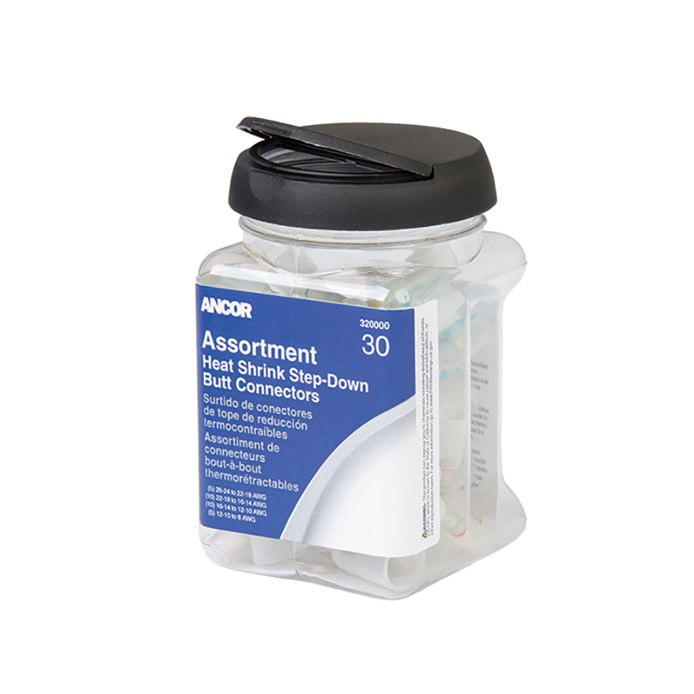 Ancor heat shrink multi-wire step-down butt connectors in assorted sizes, 30-piece jar, ideal for electrical wiring projects.