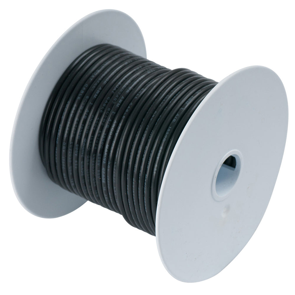 Ancor Black 6 AWG battery cable wire, 100-foot length, with black insulation, designed for vehicle battery connections.