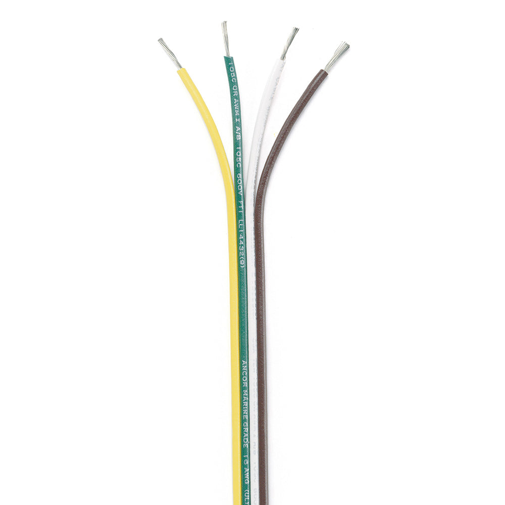 Ancor Ribbon Bonded Cable 16/4 AWG in brown, green, white, yellow, flat design, 100 feet length, marine wire for electrical use.