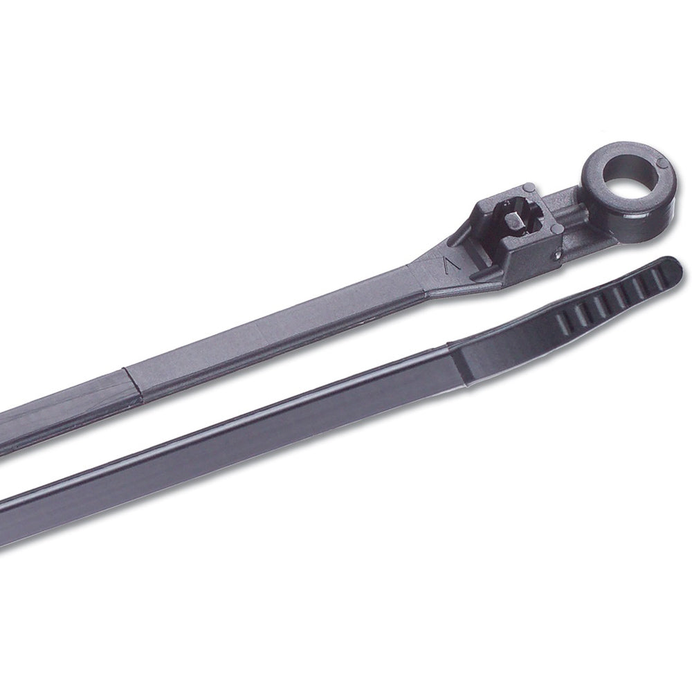 Ancor 8-inch UV black mounting cable zip ties for wire management, shown in a pack of 25 with secure fastening.
