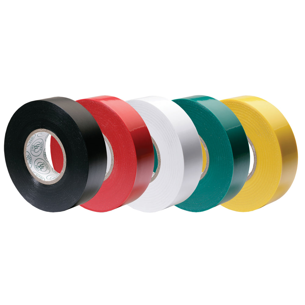 Ancor Premium Assorted Electrical Tape in black, red, white, green, and yellow, 1/2 inch by 20 feet, for wire management.
