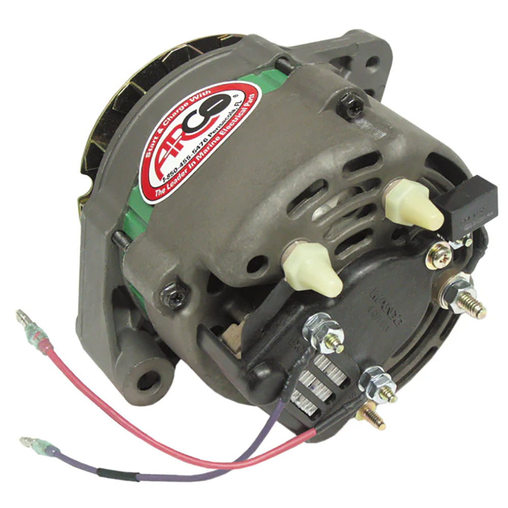 ARCO Marine premium 12V 65A replacement alternator with multi-groove serpentine pulley, designed for marine engines.